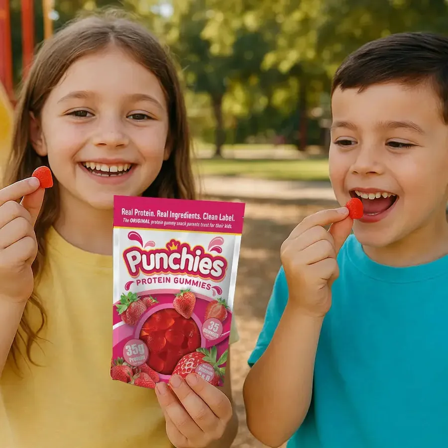 Kids protein fuel: two kids snacking on Punchies protein gummies