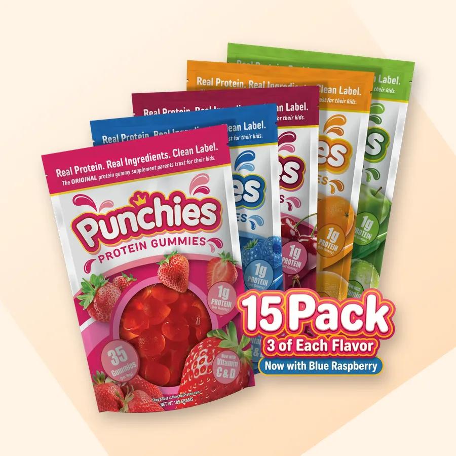Kids protein fuel: Punchies protein gummies variety pack, 15 bags
