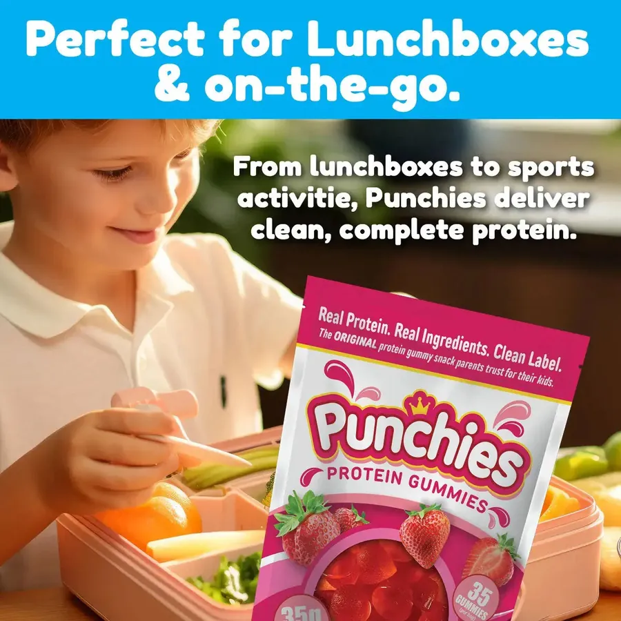 Kids protein fuel: Punchies protein gummies packed for lunchboxes and on-the-go snacks