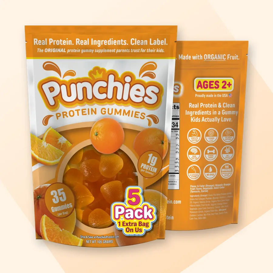 Kids protein fuel: Punchies orange protein gummies, 5-bag pack